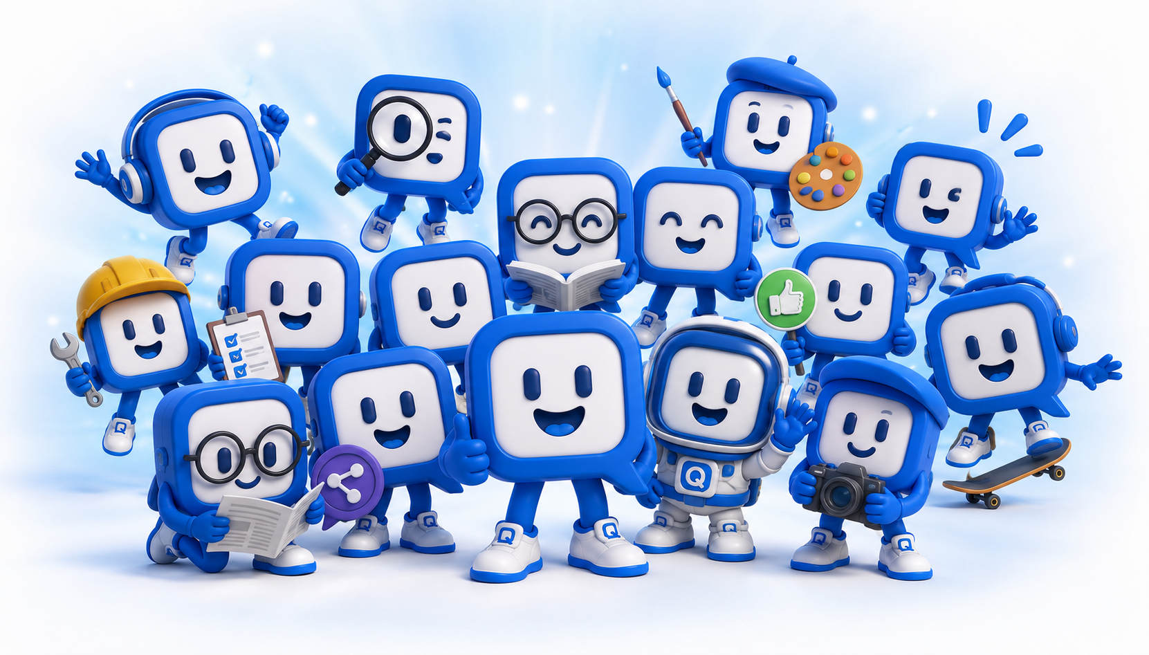 La Q-ommunity: un gruppo di mascotte Qbely con interessi e ruoli diversi.